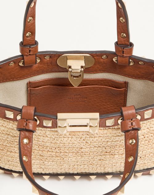 Valentino Garavani - Mini Rockstud Shopping Bag In Raffia - Natural/saddle Brown - Woman - Totes
